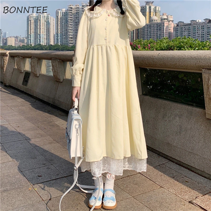 

Long Sleeve Midi Dresses Women Lace Single Breasted Peter Pan Collar Autumn Winter Elegant Gentle Girls Sweet Lovely Dress Solid