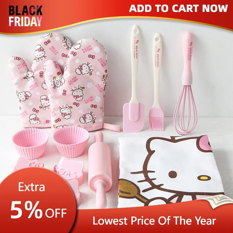 Sanrio Kawaii Hello Kitty Kitchenware Set Anime Cartoon Cute DIY Cookie Cake Tool Set Home Baking Mold Package Apron Oven Mitts