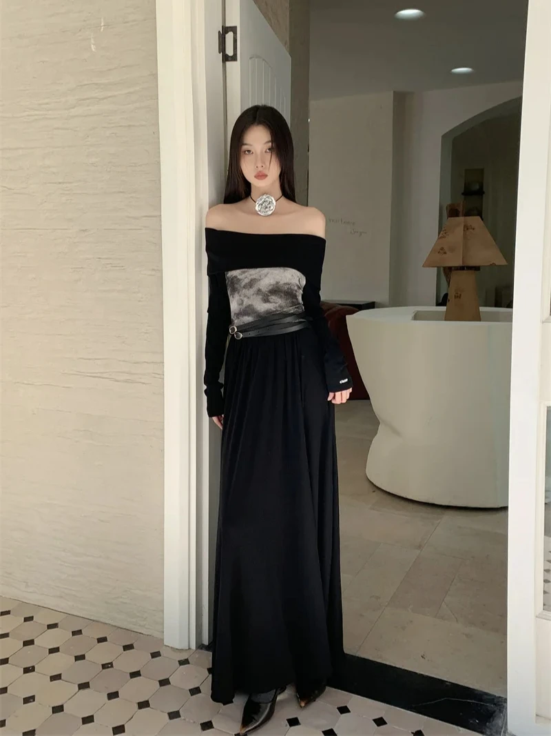 CHEERART Ink Wash Painting Off The Shoulder Black Long Sleeve Maxi Dress 2024 Women A Line Long Dress Designer Fall Clothes