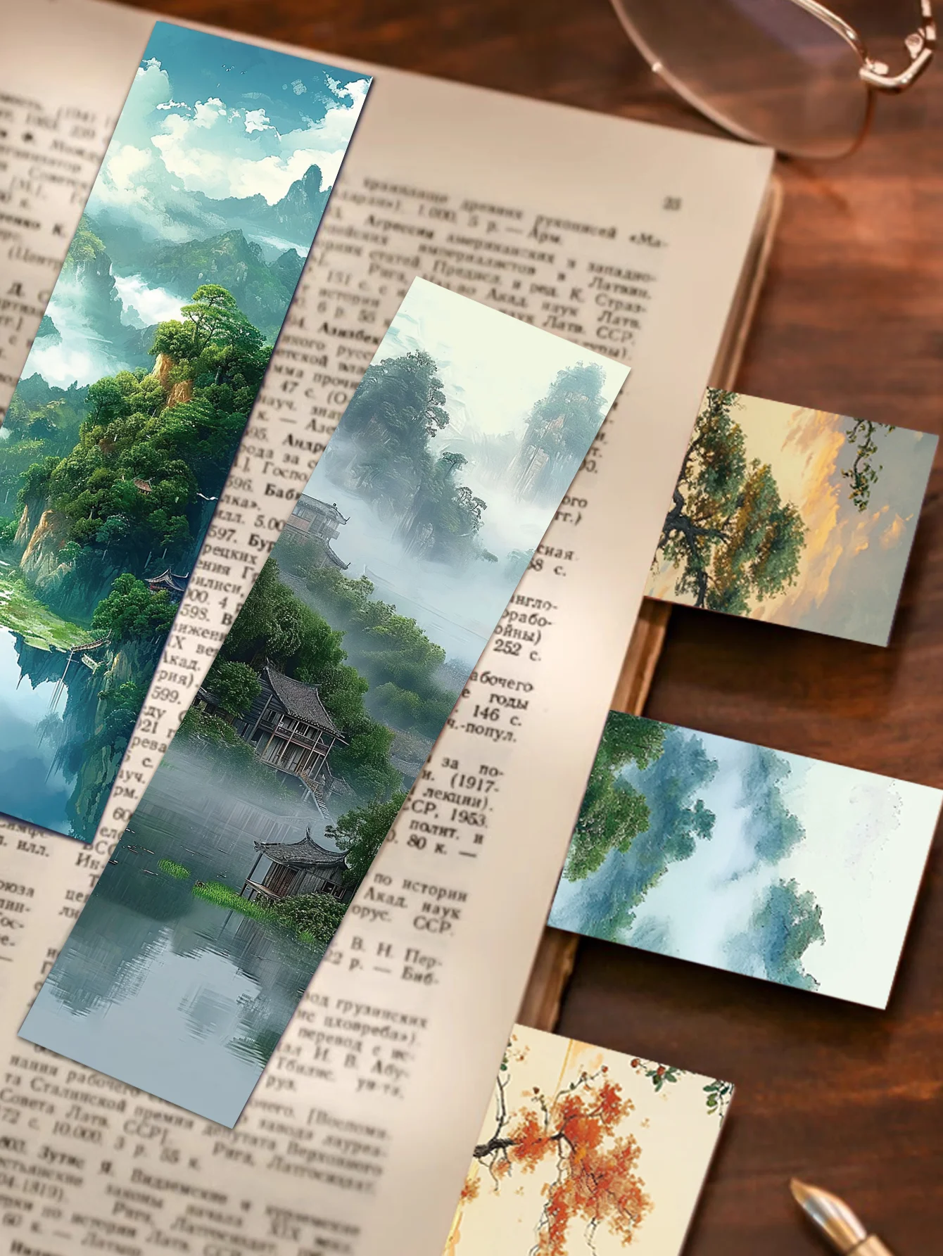 30pcs Ancient Style Lake and Mountain Bookmarks DIY Decoration Chinese Landscape Painting Card Reading Book Annotation Card