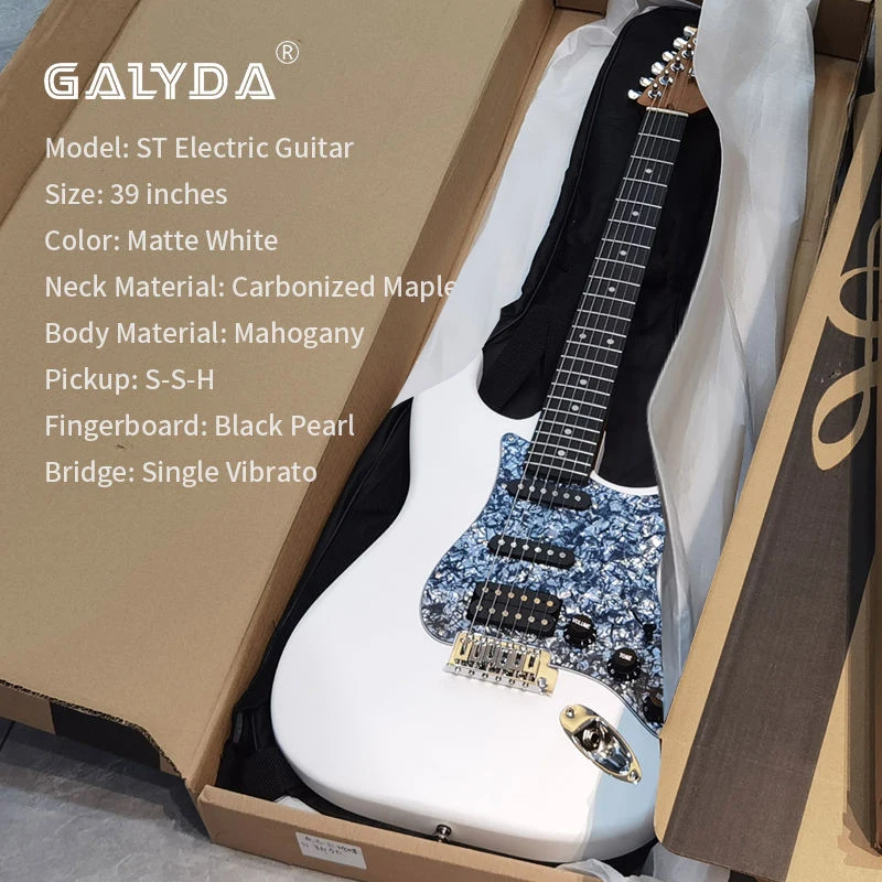 39-Inch Full Electric Guitar Kit Solid Body Matte White Beginner Starter Amplifier Bag Strap 22 Fret Maple S-S-H Pickup