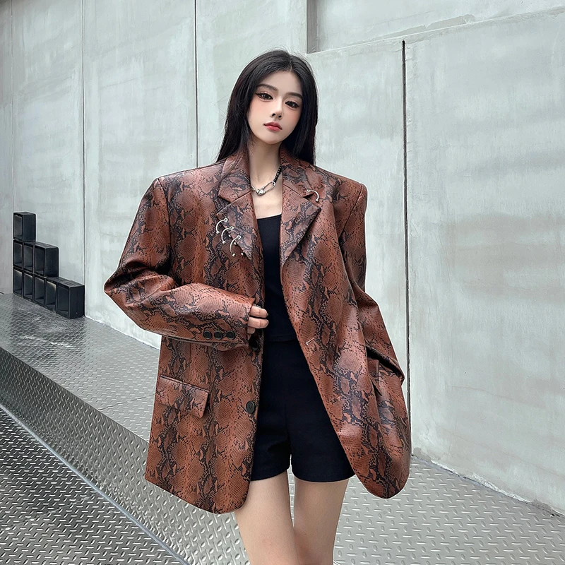 Real Shot Real Price~ Snakeskin Element Vintage Street-style Leather Blazer Women's Autumn Winter Cool Loose Unisex Suit Jacket