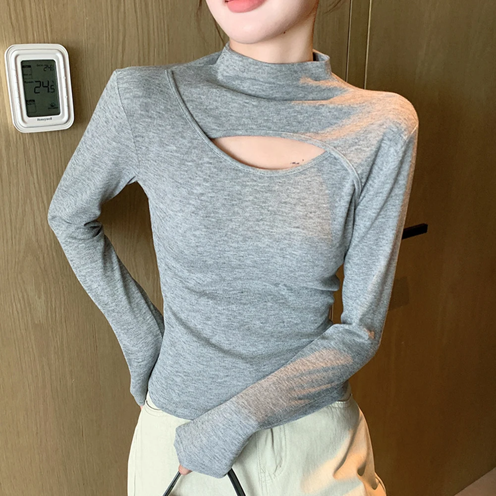 Womens long sleeve half high collar top with hollow stitching hole design bottoming shirt for spring summer autumn winter use