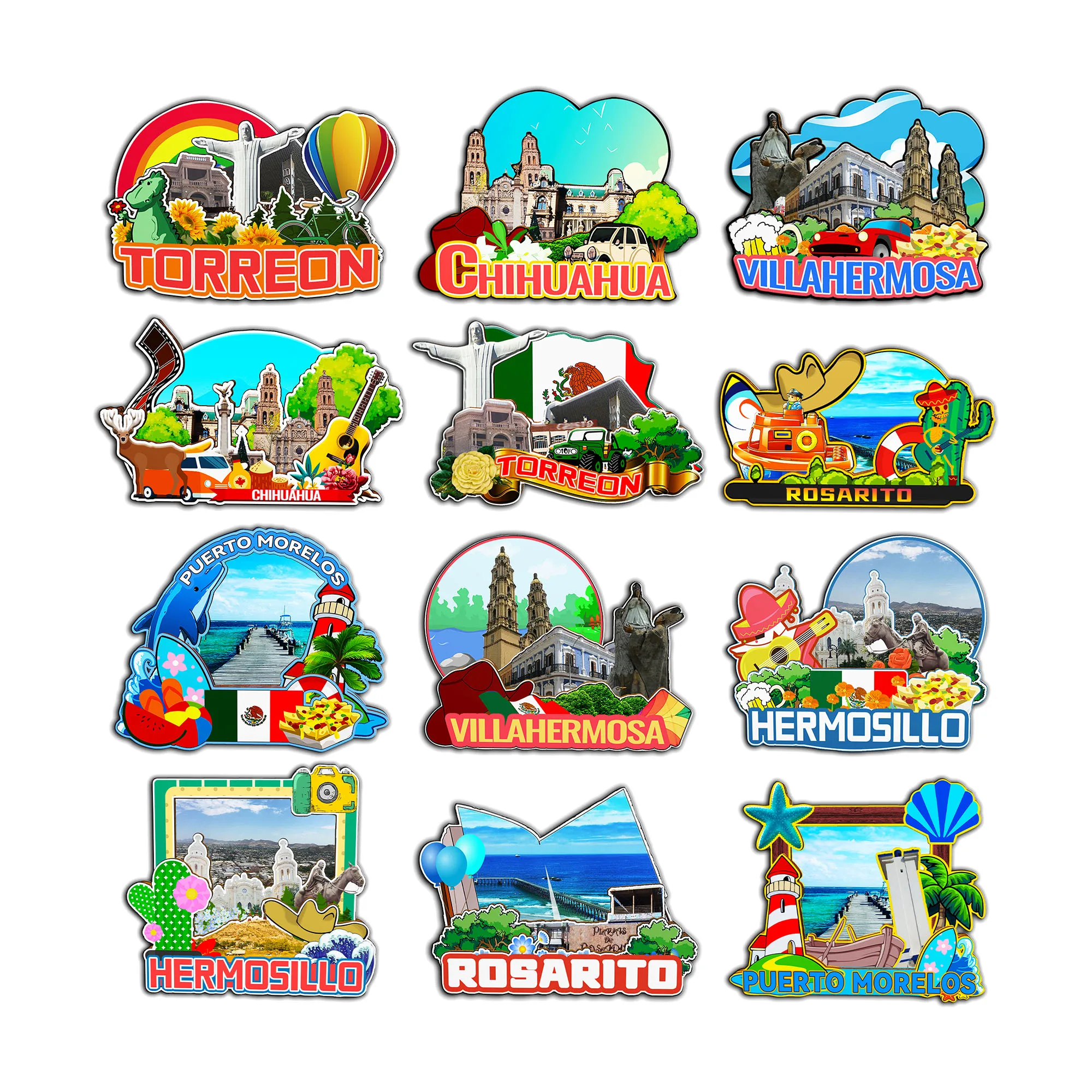 Imanes decorativos para Rosarito Villahermosa Chihuahua Hermosillo Torreon Puerto Morelos Ciudad de México Punto de referencia Recuerdos de viaje
