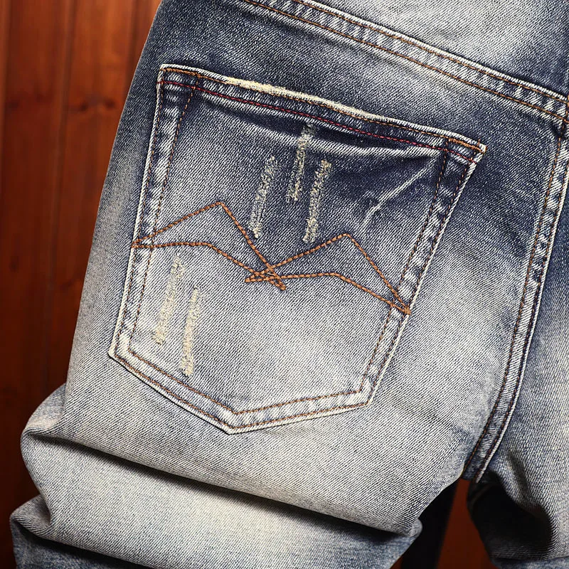 High end denim shorts for men, classic retro washed vintage fashion trend, summer casual five quarter pants