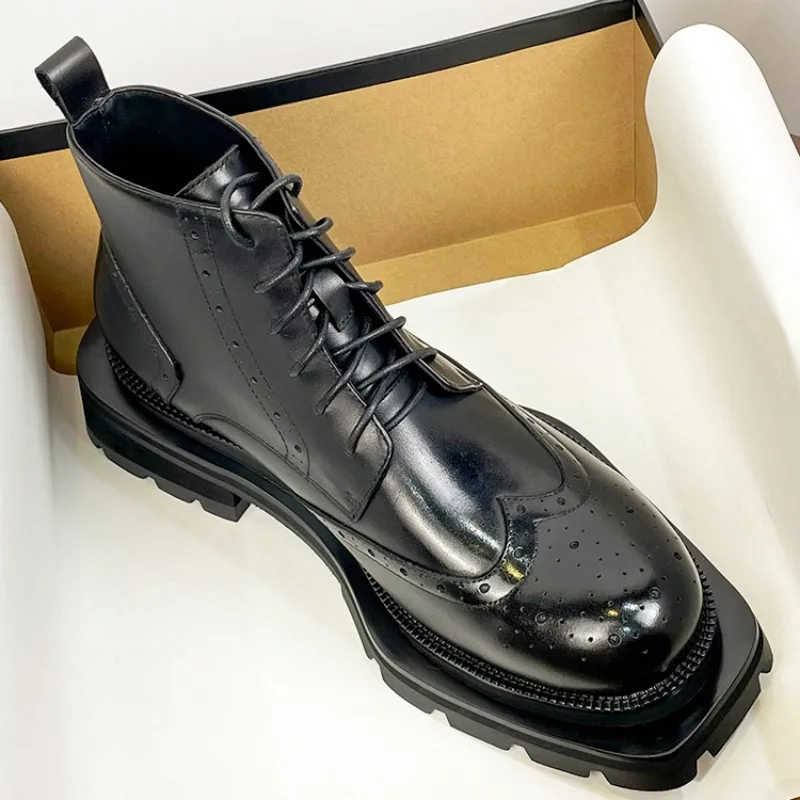 Luxury Fashion Men Brogue Motorcycle Boots Genuine Leather Thick Sole Lace Up Work Shoes Gentleman Business Formal Ankle Boots