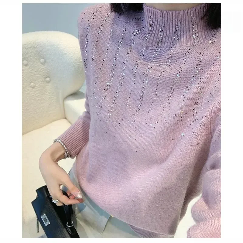 Women Heavy Hot Drill Turtleneck Knit Sweater Loose Slim Base Top Autumn Winter Elegant Blouse