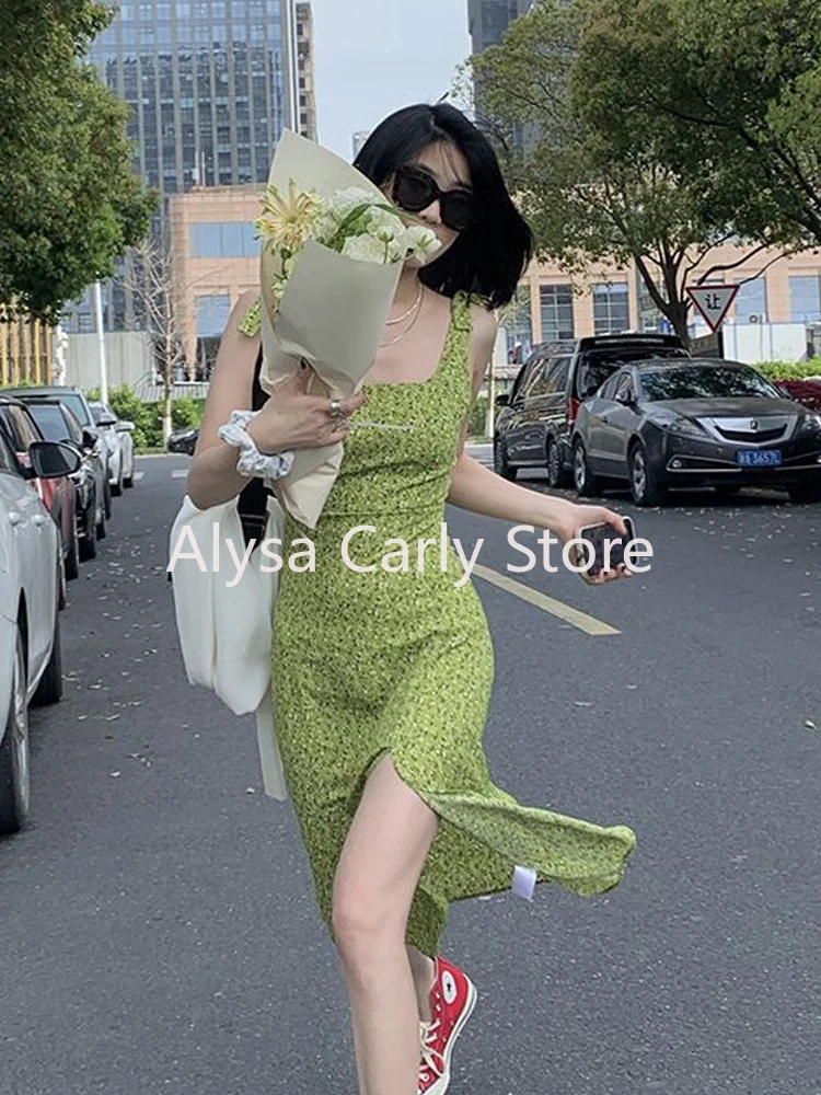 Green Elegant Floral Midi Dress Women Casual Vintage Sexy Split Slip Dress Female 2024 Summer Korean Style Slim Club Party Dress