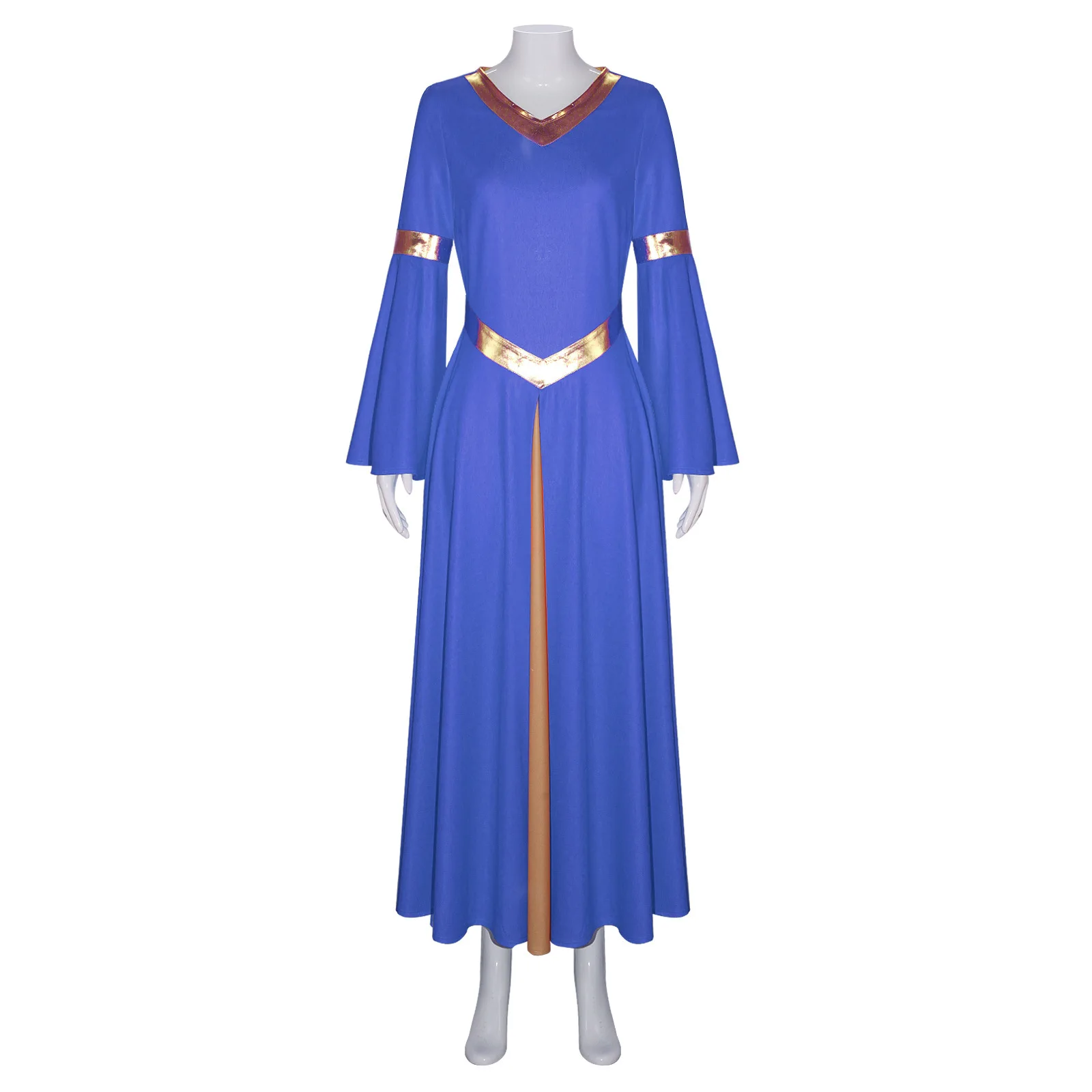 فستان رقص نسائي بأكمام طويلة وياقة على شكل V مع حواف ذهبية، زي أداء مسرحي، تنورة طويلة للكنيسة، زي بثيم الهالوين #5