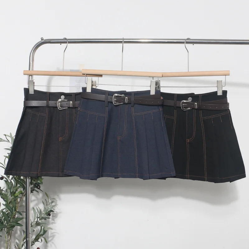 

American Spice Girl Denim Pleated Skirt Women High Waist Anti-light A-word Short Skirt with Belt