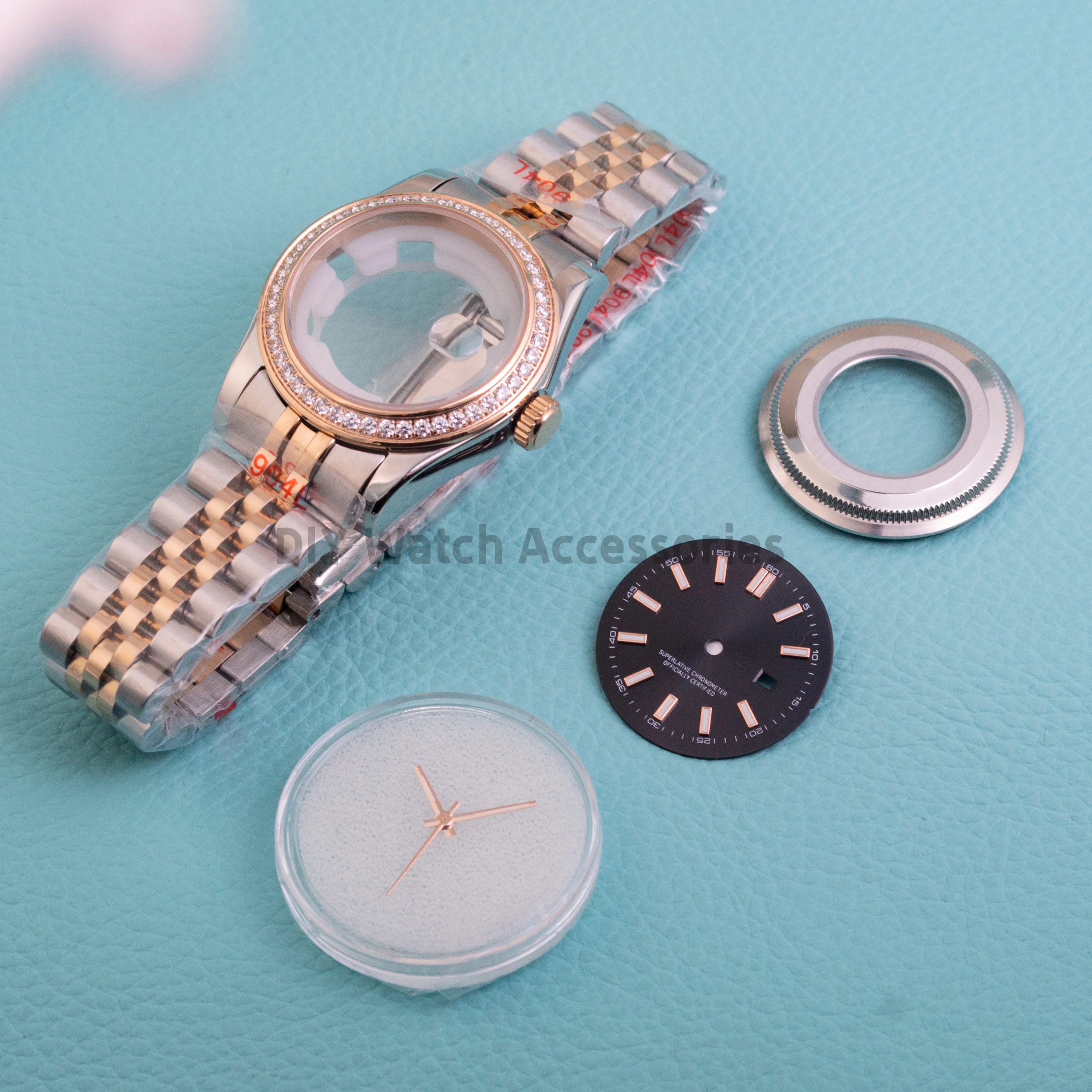 

33mm Watch Case NH05 Strap Luminous Dial Hands Sapphire Glass Rose Case Stainless Steel For NH05 NH06 Women's Diamonds Case