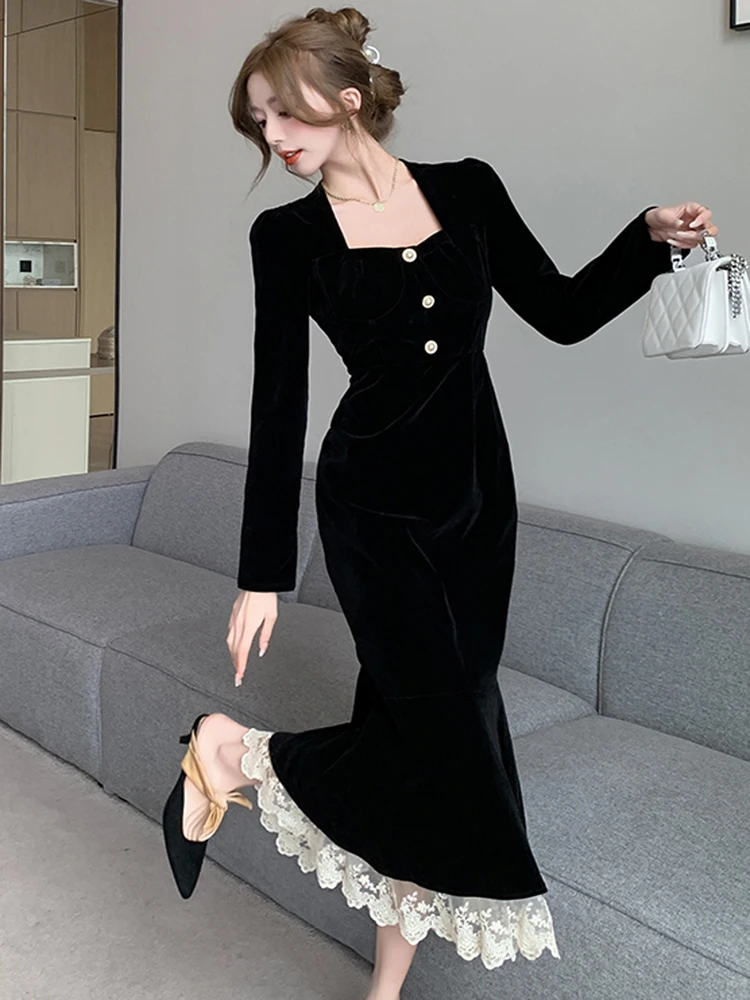 Korea Fashion Black Velvet Mermaid Party Dresses For Women Elegant Slim Bodycon Lace Hem Evening Dress Vestidos Female Autumn