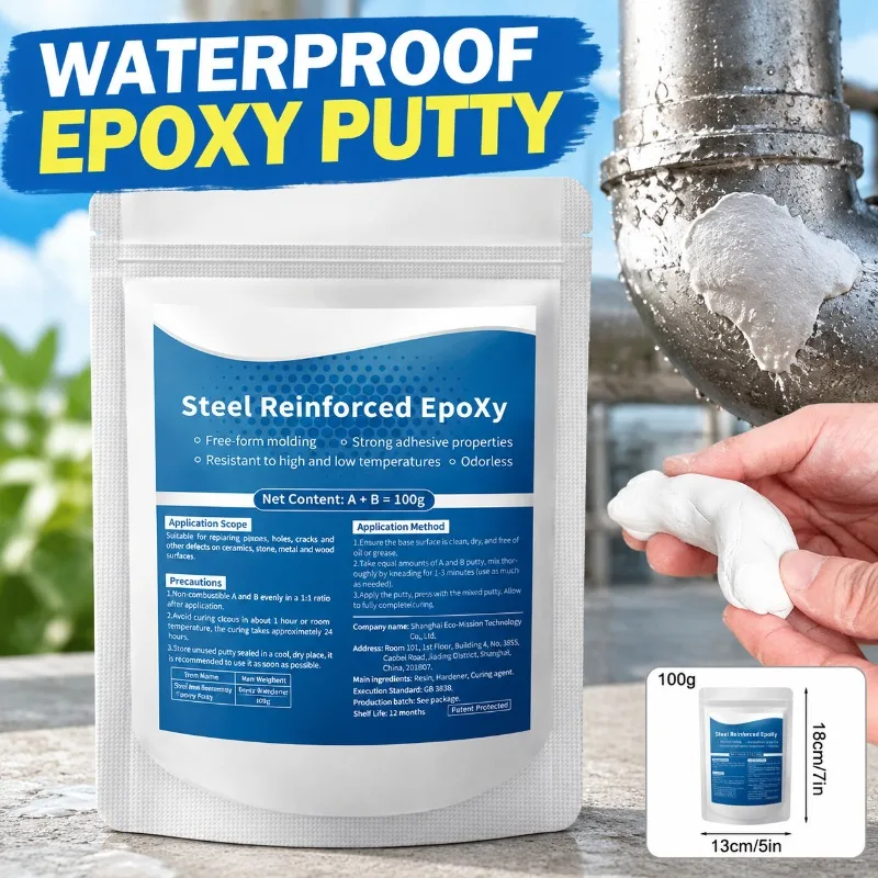 Waterproof Epoxy Putty 100g 1:1 Mix Metal Filler Clay, Heat-Resistant Steel Reinforced Compound for Pipe Auto Ceramic Crack