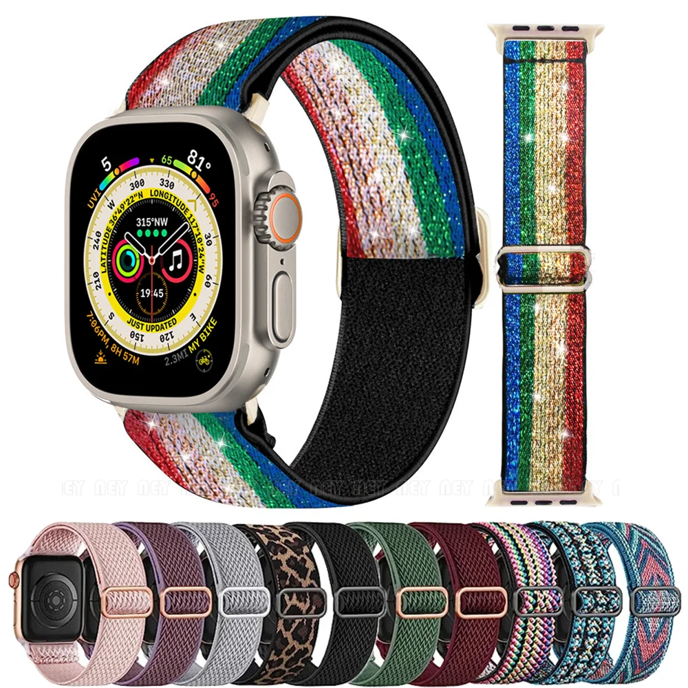 Elastic Nylon Strap for Apple Watch Band 44 mm 45mm Ultra2 49mm Series 9/8/7 38/42mm Bohemian Bracelet iWatch 6 5 4 3 Se 40/41mm