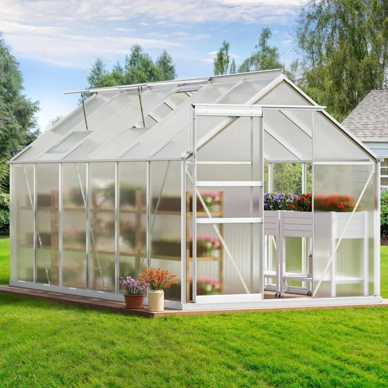 

12x6FT Large Walk-in Greenhouse, Silver Aluminum Frame Outdoor Plant House, Heavy Duty Polycarbonate Panel with Sliding Door