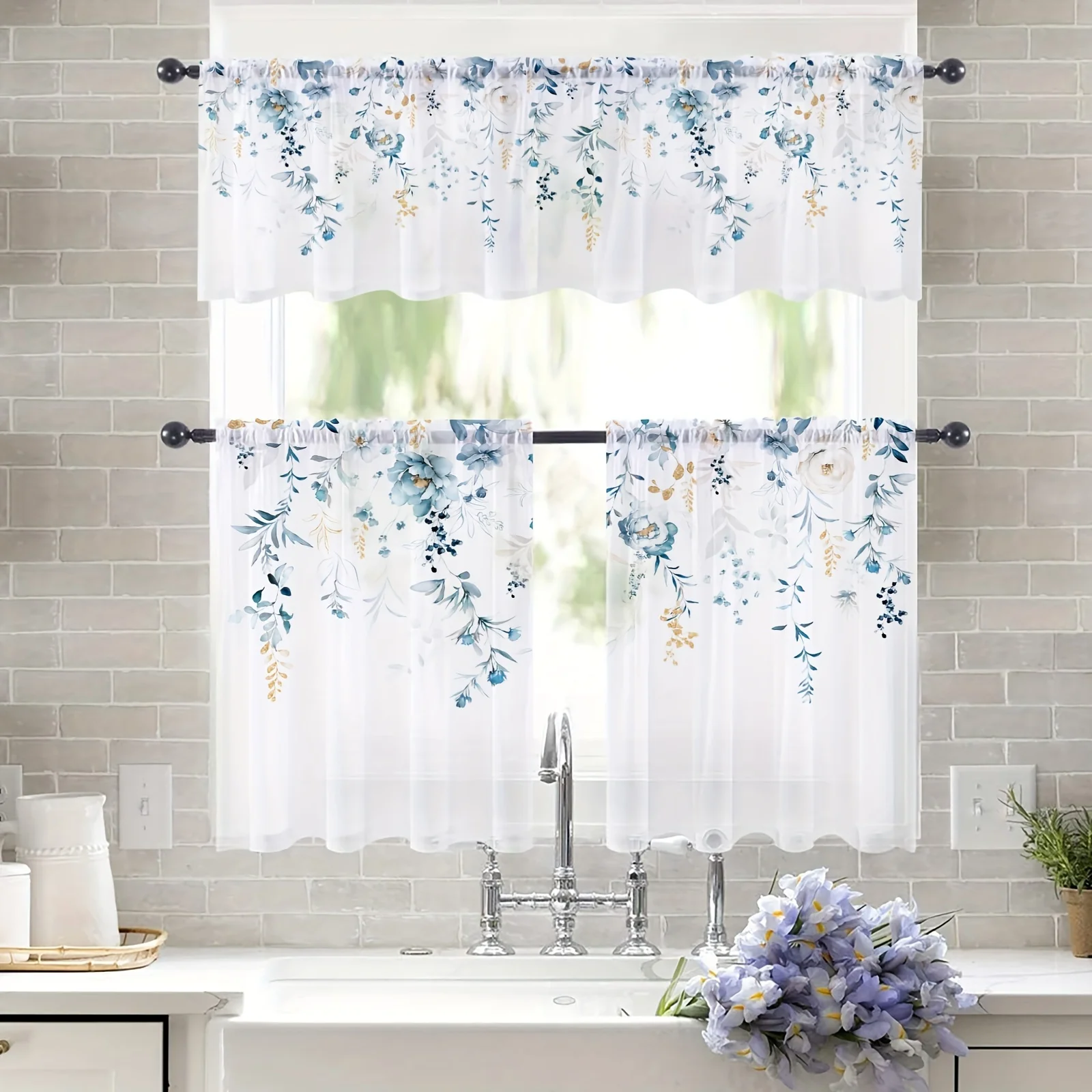 

3pcs Countryside Pastoral Style Blue Leaves Watercolor Flower Home Bedroom Kitchen Sink Curtain Cafe Dining Shade Cloth