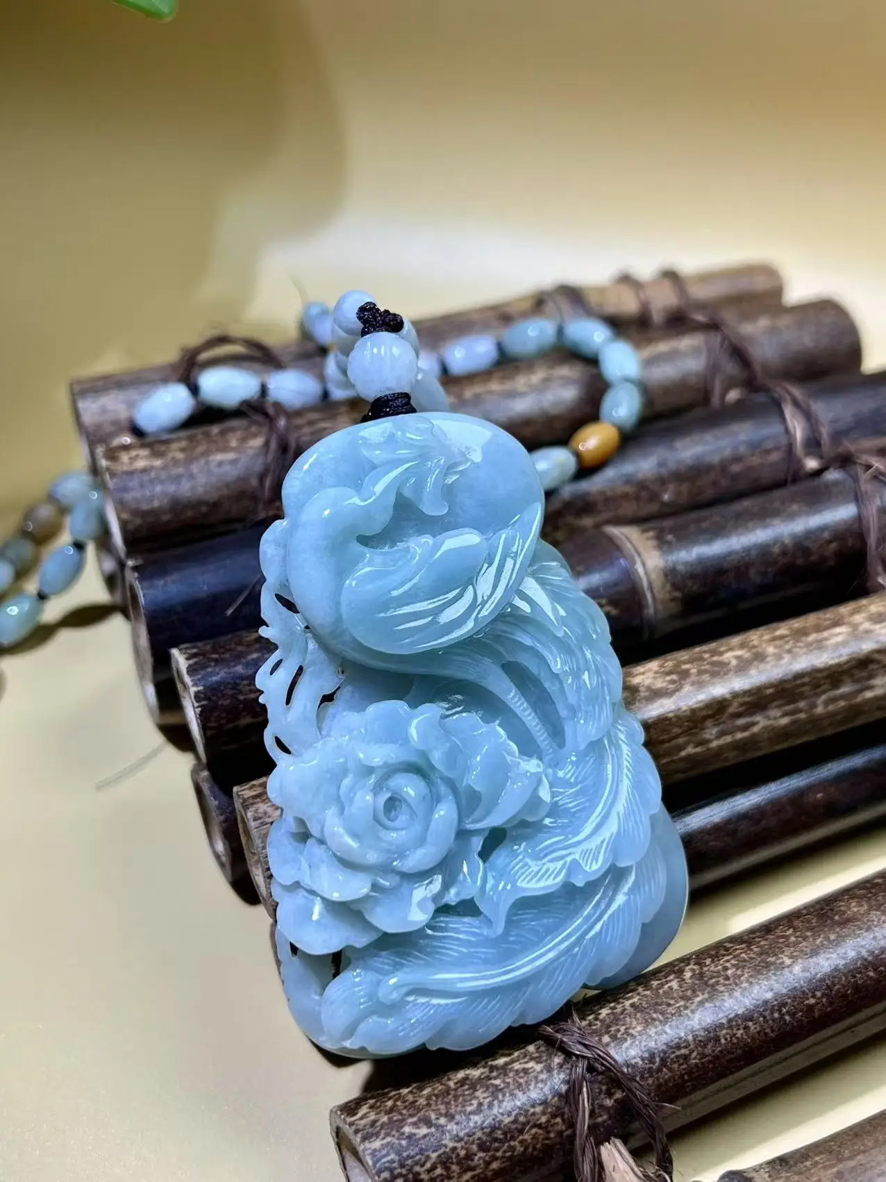

Natural Grade A Ice Milky-Type Blue Jadeite Phoenix & Peony Pendant Necklace – Hand-Carved Jade Jewelry for Nobility & Fortune