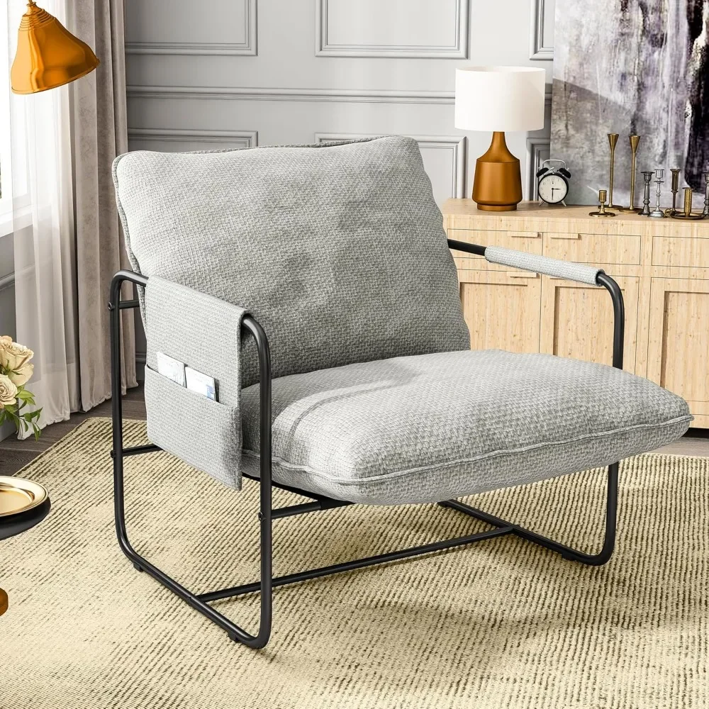 

Sling Accent Chair with Detachable Storage Pocket, Metal Framed Armchair for Compact Spaces, Upholstered Living Room Chair