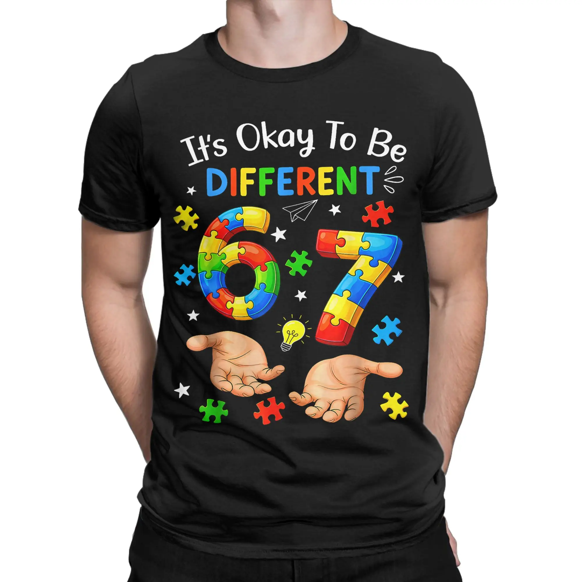 It's Okay to Be Different 67 Hand Signs Autism Awareness T-Shirt Men  100% Cotton Tees Crew Neck Short Sleeve T Shirt Clothing