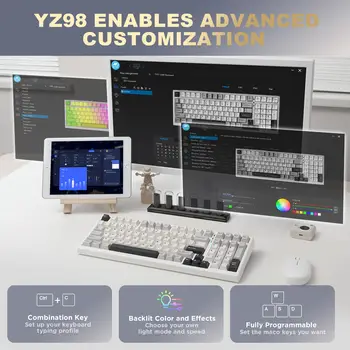 Tastiera da gioco meccanica full size YUNZII YZ98 bianca, tastiera wireless retroilluminata RGB con 99 tasti vintage, guarnizione hot swap, layout 98% 10 best sales tastiera meccanica 98 - №3