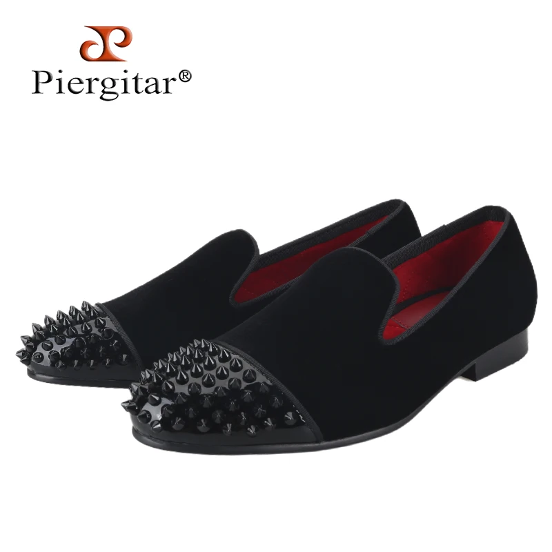 

Piergitar Black Velvet Slip-On Loafers With Patent Leather Toe Spikes For Prom Wear Handmade Men Casual Shoes Plus Size Slippers