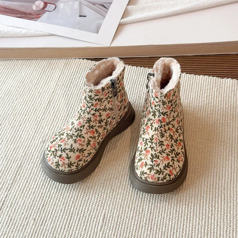Little Girls Floral Corduroy Winter Boots, Plush‑Lined Inner Zipper Chunky Thick‑Sole Warm Casual Boots