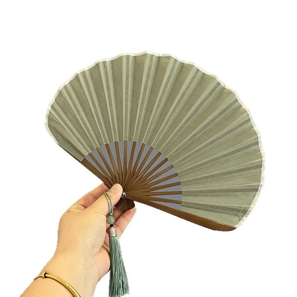 Cotton Linen Cloth Folding Hand Fan Solid Color with Tassel Mini Shell Fan Bamboo Frame Portable Retro Handheld Fan Dance Props