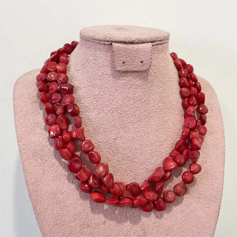 Three Layers Weave Nugget Red Coral Necklace Luxury Geometric Gem Stone Irregular Women Wedding Love Collare Gemstone Jewelry