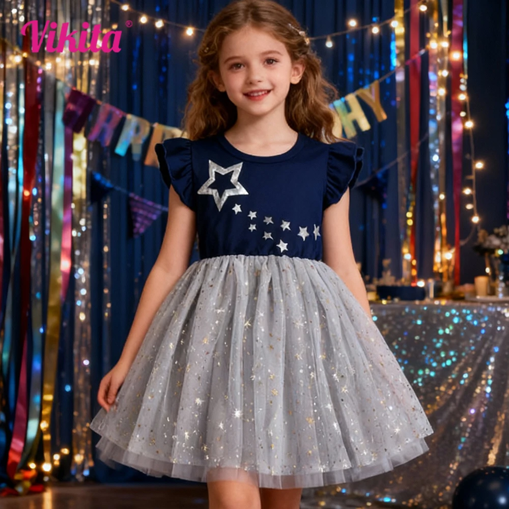 VIKITA Kids Mesh Tulle Tutu Princess Dress Girls Silver Star Print Flare Sleeve Glittery Starry Sparkling Party Frocks 7 Yrs