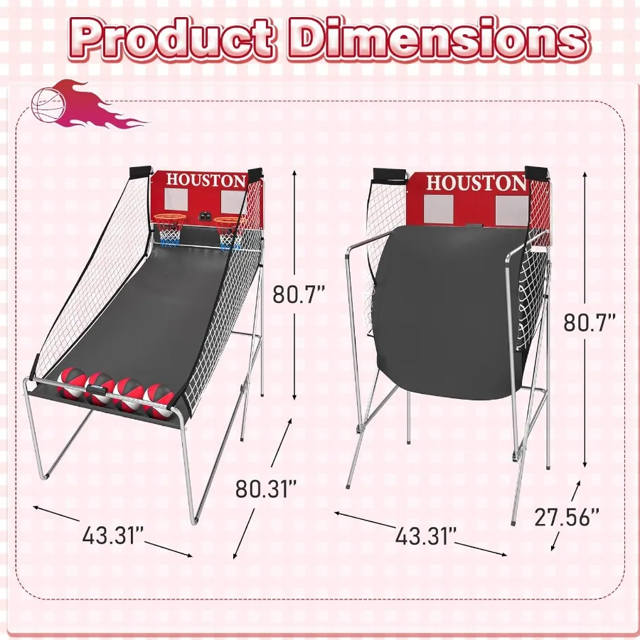 Permainan Arcade Bola Basket Dalam Ruangan dengan Mekanisme Tembakan Ganda 8 Mode Permainan Interaktif Layar Skor LCD 4 Bola Karet Tahan Lama Ideal