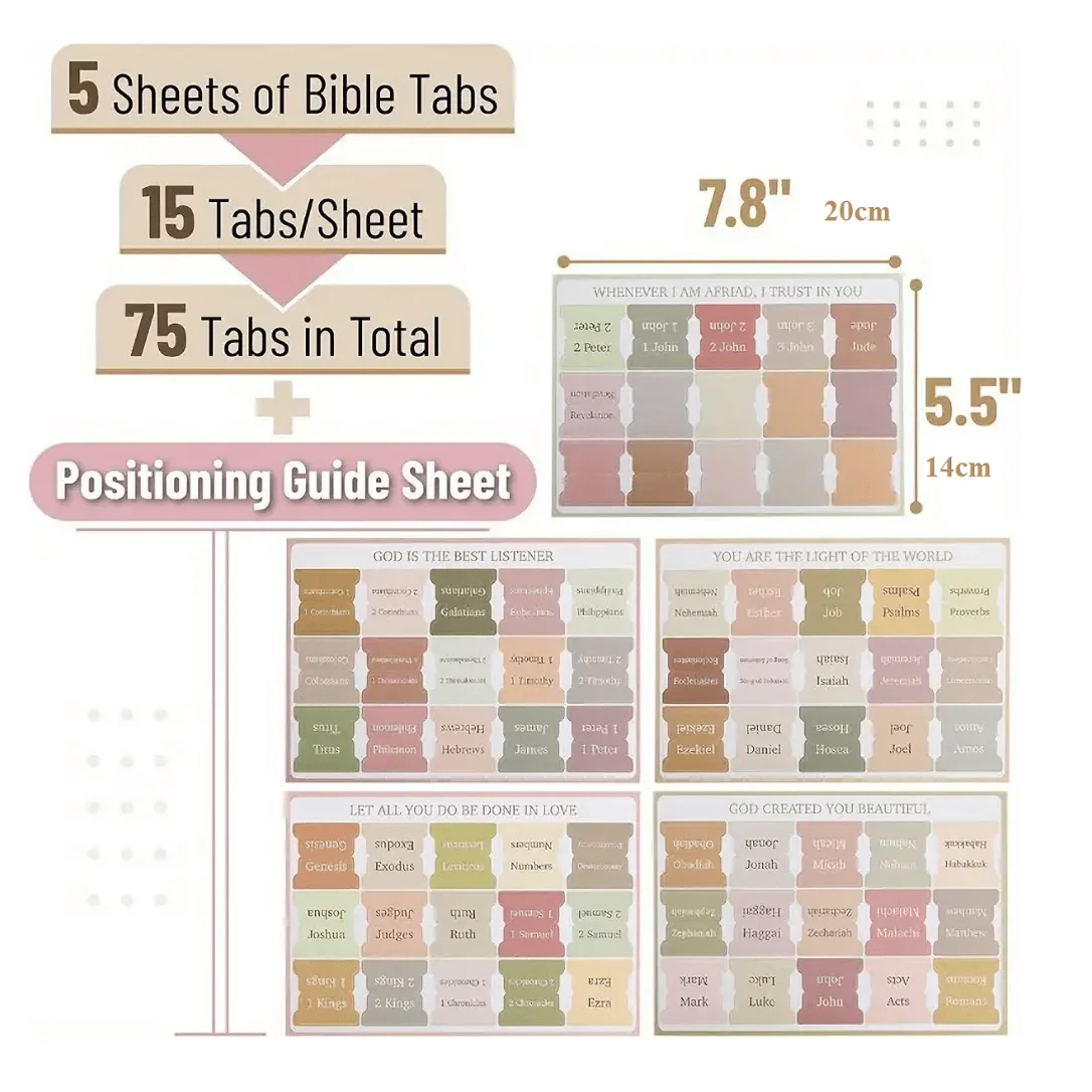 5pcs/75Tabs Boho Theme Laminated Bible Tabs – Colorful Index Tabs for Bible Study, Scripture Organization, and Easy Navigation