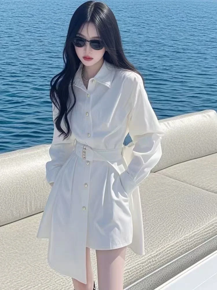 新しいハイエンドファッション不規則なシャツドレス女性ラペル長袖シングルブレストエレガントなオフィスレディ白いドレスとベルト