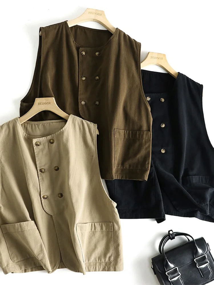 

Loose Women's Vest Top Korean Japanese Double Button Workwear Jaet Retro Sle Pure Color round Ne Cotton Summer Outerwear