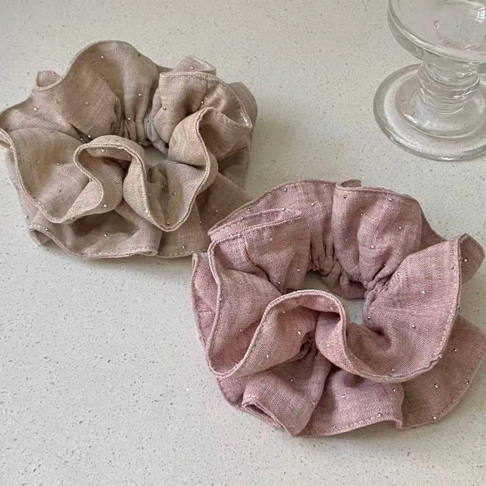 

1PC New Retro Cotton Linen Hair Scrunchie with Hot-Fixed Rhinestones and Gentle Korean Pink & Khaki Slim Waist Hair Access