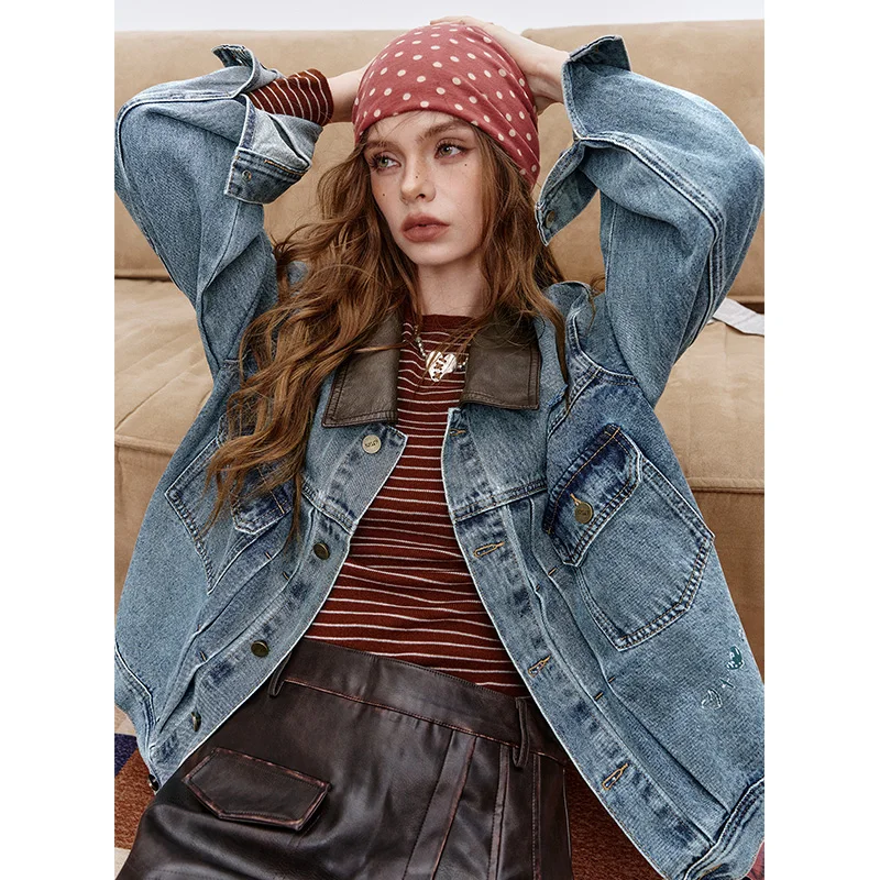 ELFSACK 2025 Autumn New Arrival Streetwear Washed Distressed Embroidery Loose Denim Jacket For Woman