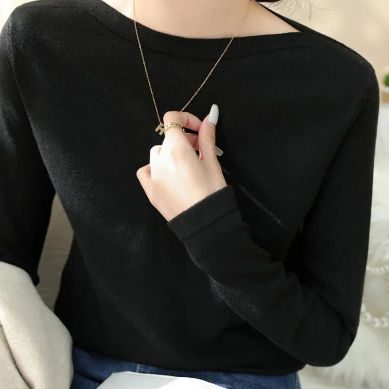 Spring Autumn Women's Clothing Solid Color Long Sleeve Round Neck Pullover Sweater Knitted Undershirts Casual All-match Tops