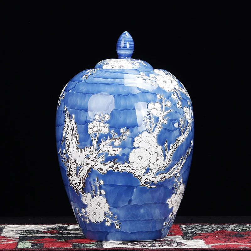 New Chinese European-Style Ceramic Snow Plum Tip Jar with Cover Vase Decoration Living Room Flower Arrangement Wine Cabinet