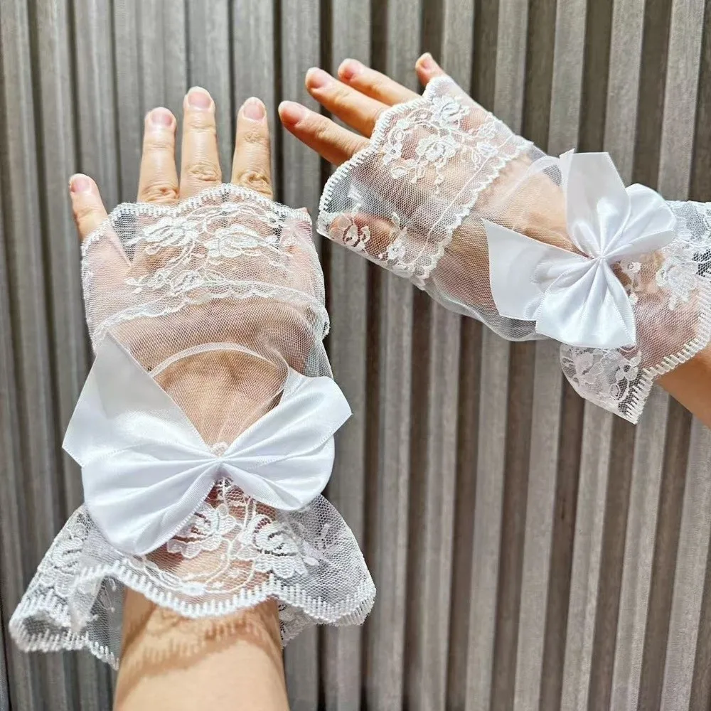Lace Fake Sleeves Flower Detachable Short Fingerless Gloves Bowknot Mesh Wrist Cuffs Party Cosplay Evening Prom Decor