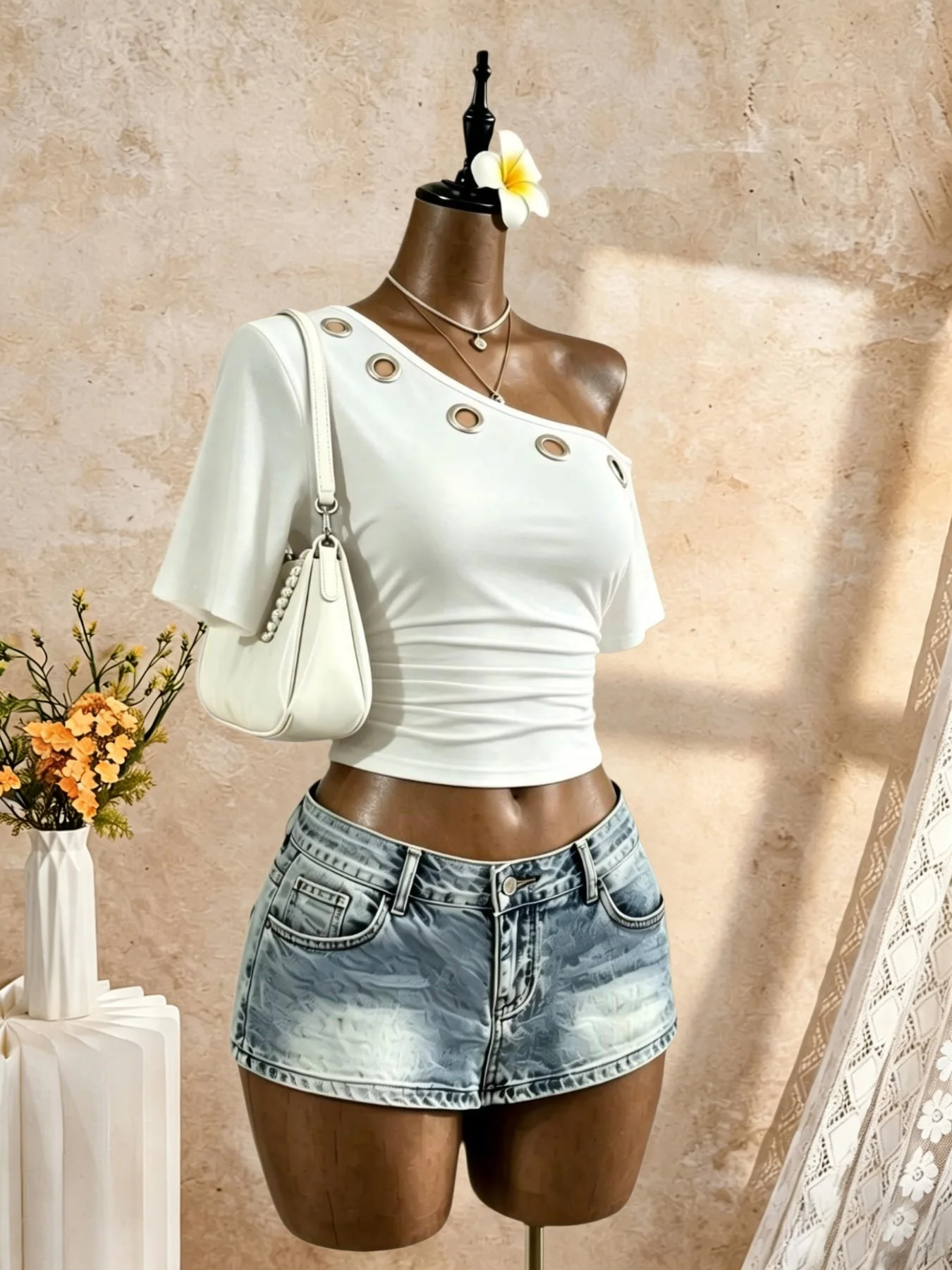 Damen One-Shoulder-Top mit Ösen, Metallring-Ausschnitt, kurzen Ärmeln, gerafftem Seitenbund, schmaler Passform, Y2K, lässig, für den Alltag, Streetwear, T-Shirts, Tops – Detail 4