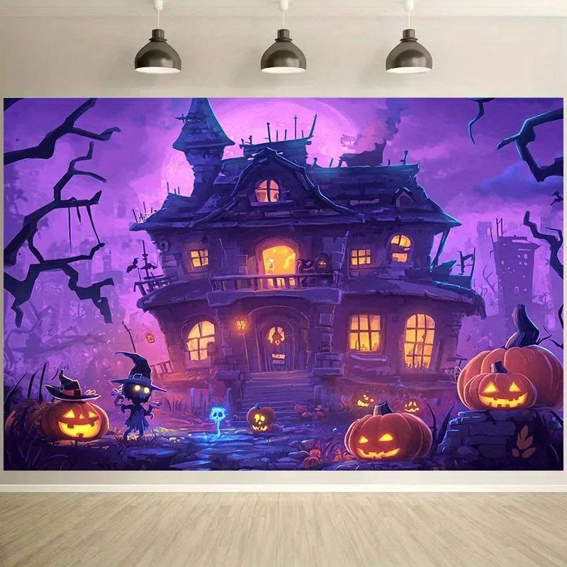 1 Stück flacher 2D-Halloween-Hintergrundstoff – Hexe, Kürbislaterne und Spukhaus-Design, keine Strom erforderlich – Sjs