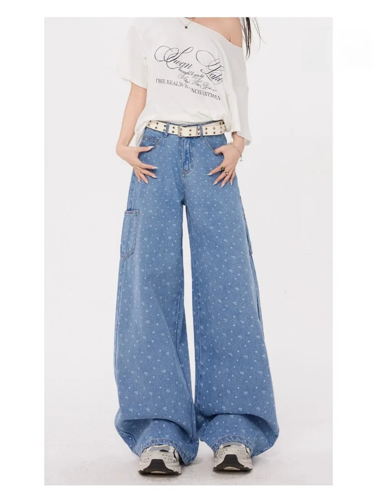 

Basics 2000s Y2K Eclectic Denim Trouser Street Retro High Waist Women's Distressed Jeans Vintage Dots Print Casual Emo Pants