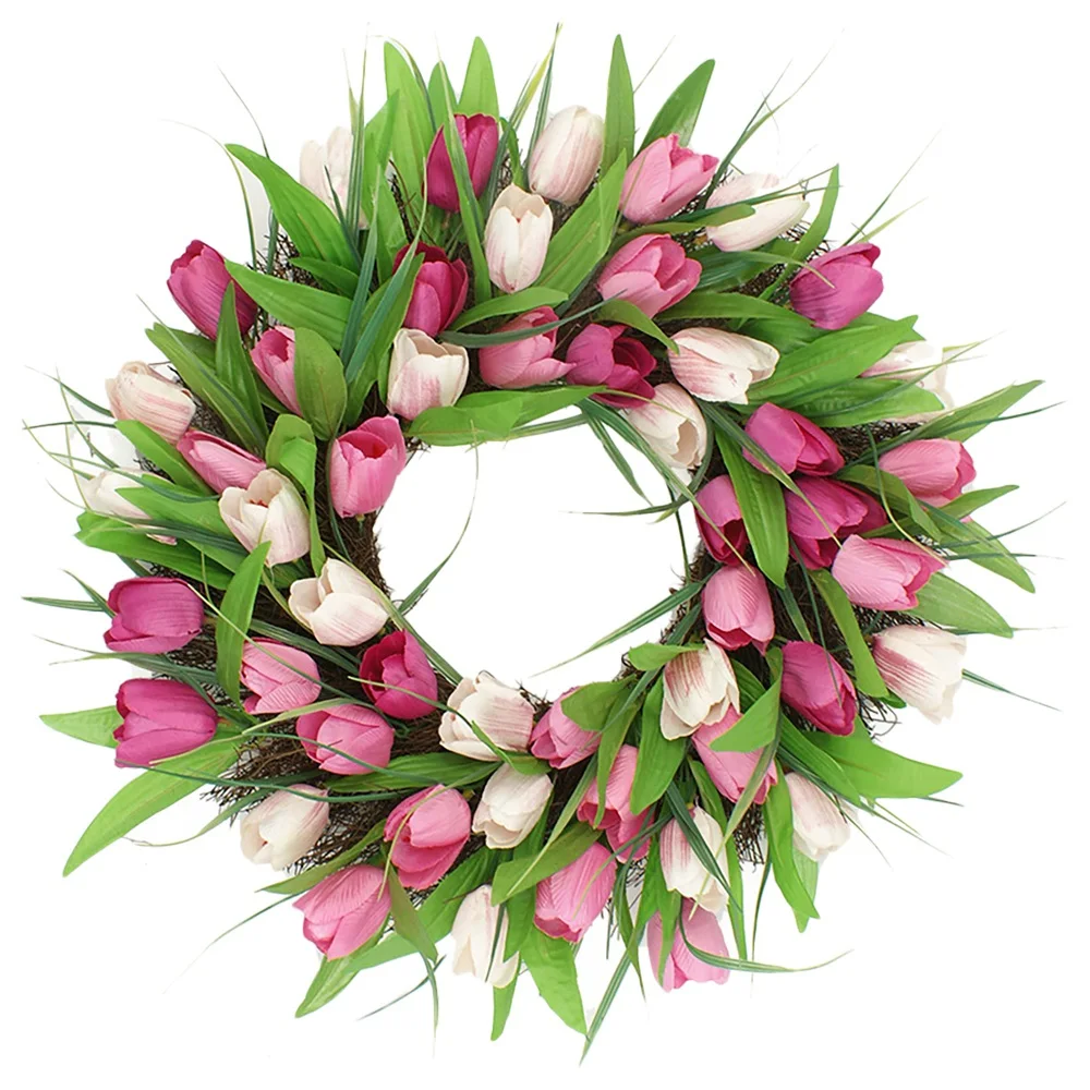 إكليل توليب اصطناعي طازج إكليل الربيع والصيف للباب الأمامي ونافذة الحائط وحفلات الزفاف والمزرعة والحديقة والمكتب والمنزل