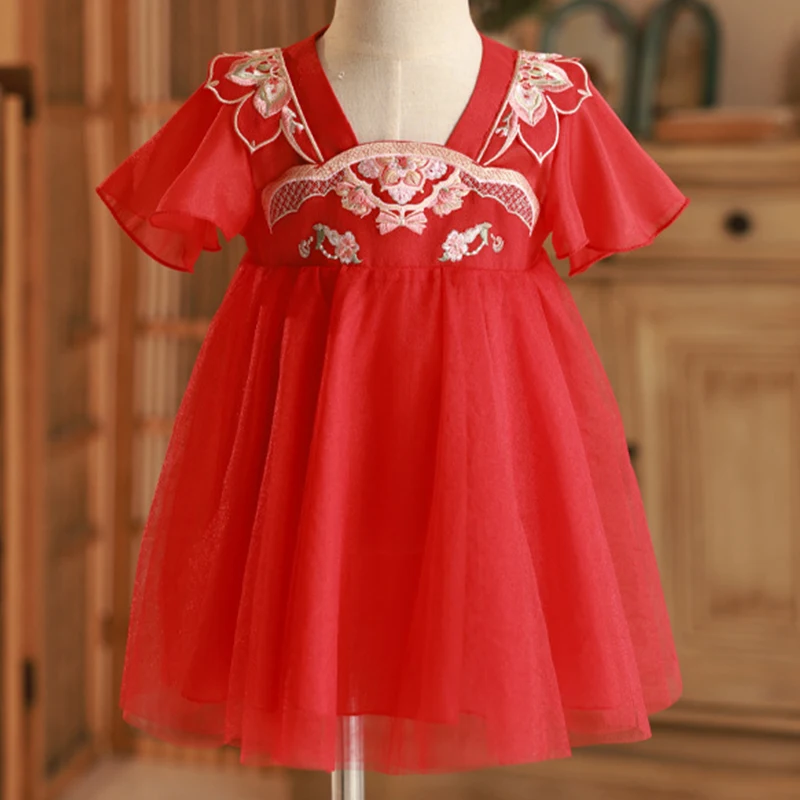 Summer Toddler Girl Clothes China Style Mesh Embroidery Kids Dresses Short Sleeve Birthday Dress Baby Boutique Clothing BC248