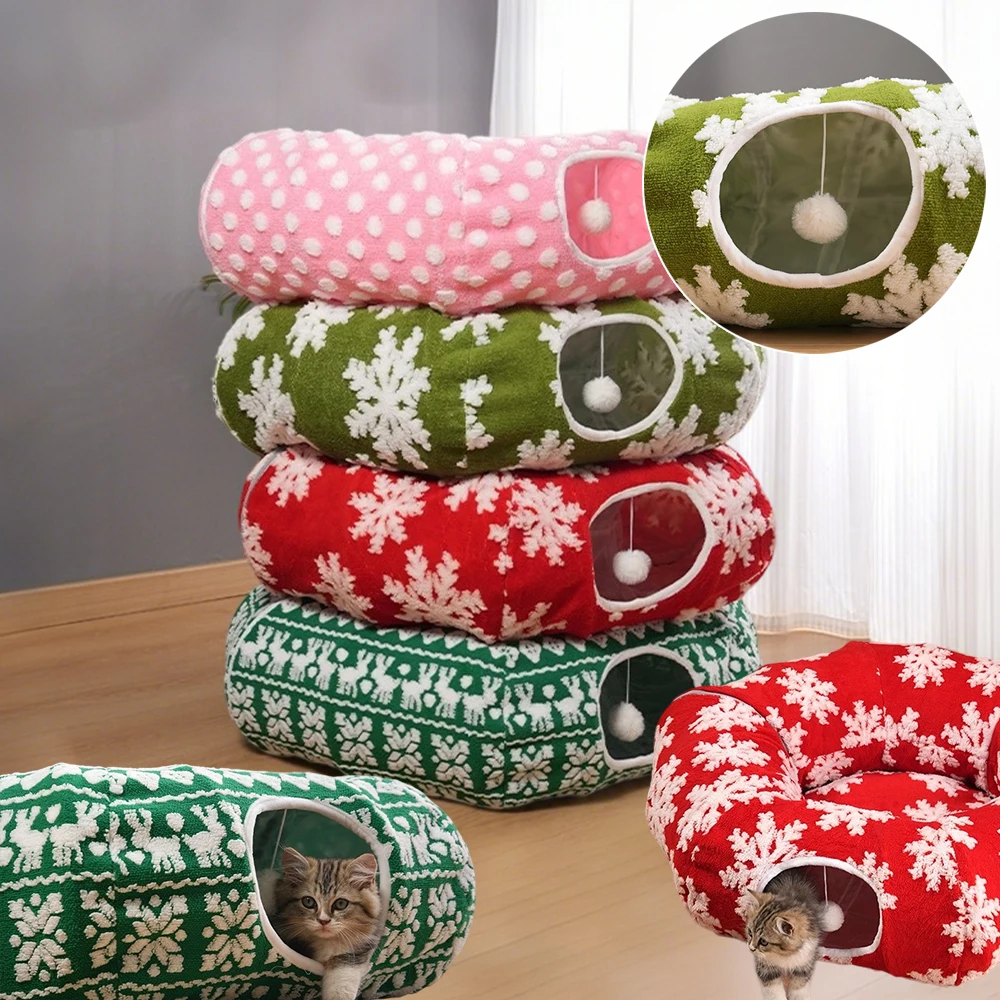 

Круглые кровати для кошек в виде пончиков, рождественский домик, мягкий плюшевый коврик для домашних животных, подушка для щенков, чтобы скрыть 2 в 1, туннель, кошки, спальный диван Noel