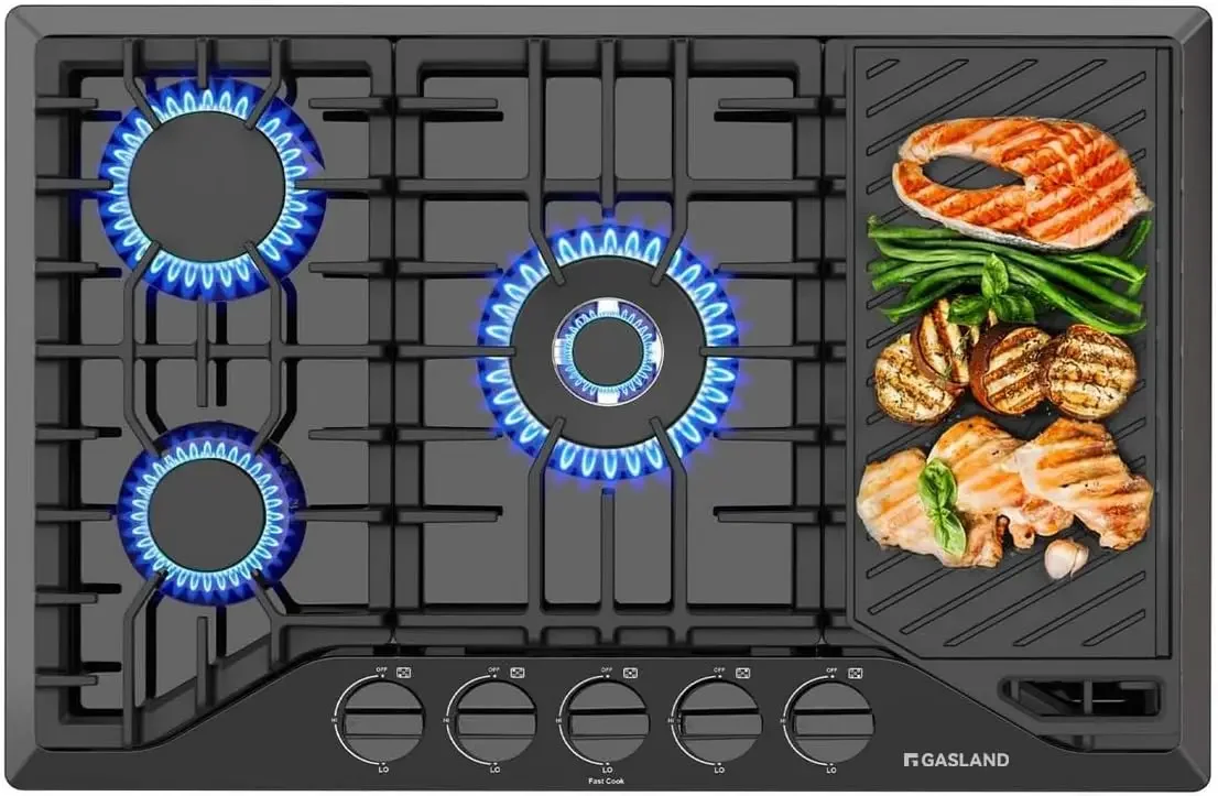 30 Inch Gas Cooktop with Griddle Black, GH3305EF Gas Stovetop with 5 Burners, Reversible Cast Iron Grill/Griddle, Plug-in, NG/LP