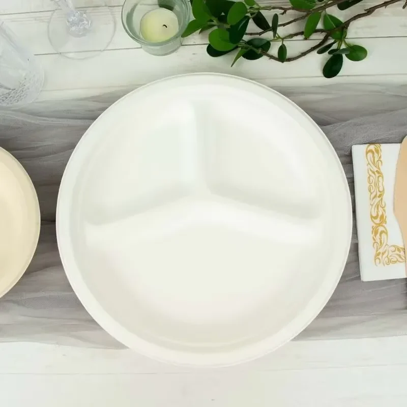 Modern Party 9 Inch Three-compartment Plate Bagasse Plate Disposable Cutlery Compostable Food Tray