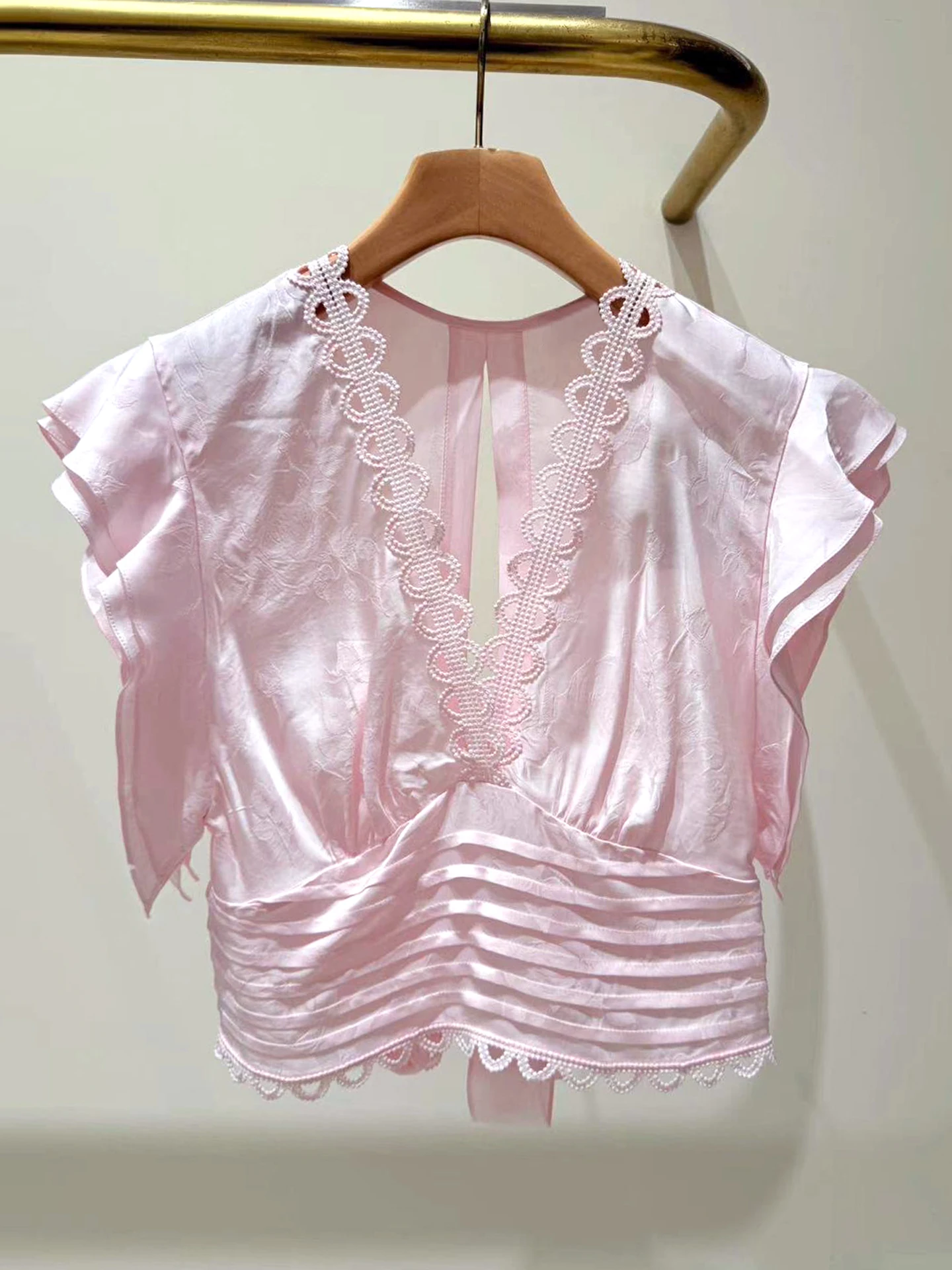 

Sweet Pink V-neck Lace Shirt Women's Top Elegant Simple Style Loose Fit Short Sleeve Casual Wear Comfortable Fabric Chinese B...