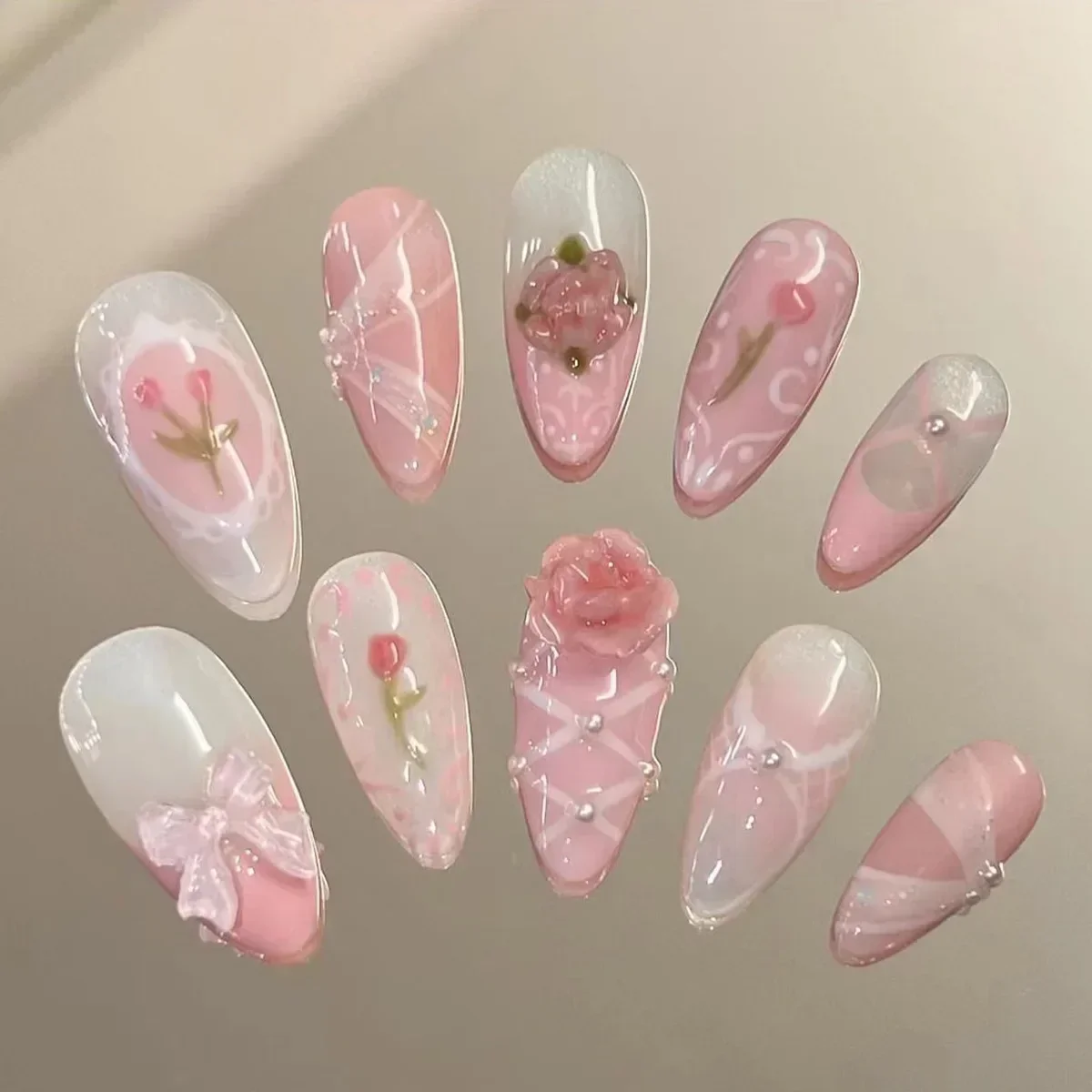 24Pcs Pink Almond False Nails Butterfly Ballet with French Design Wearable Fake Nails Simple Artificial Press on Nails Tips Art