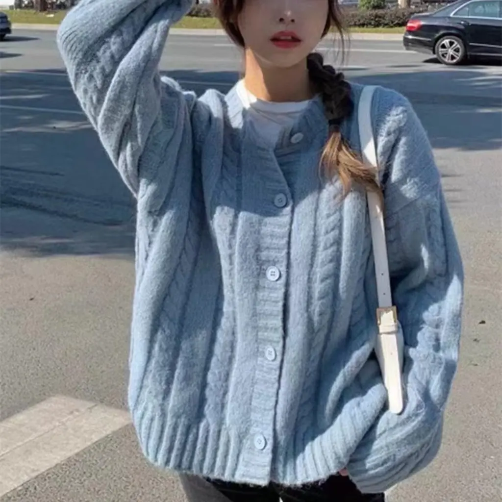 

Korean Style Gentle Women's Sweater Spring Autumn Loose Japanese Soft Waxy Retro Twist Cardigan Jacket Age-Reducing Outer Wear