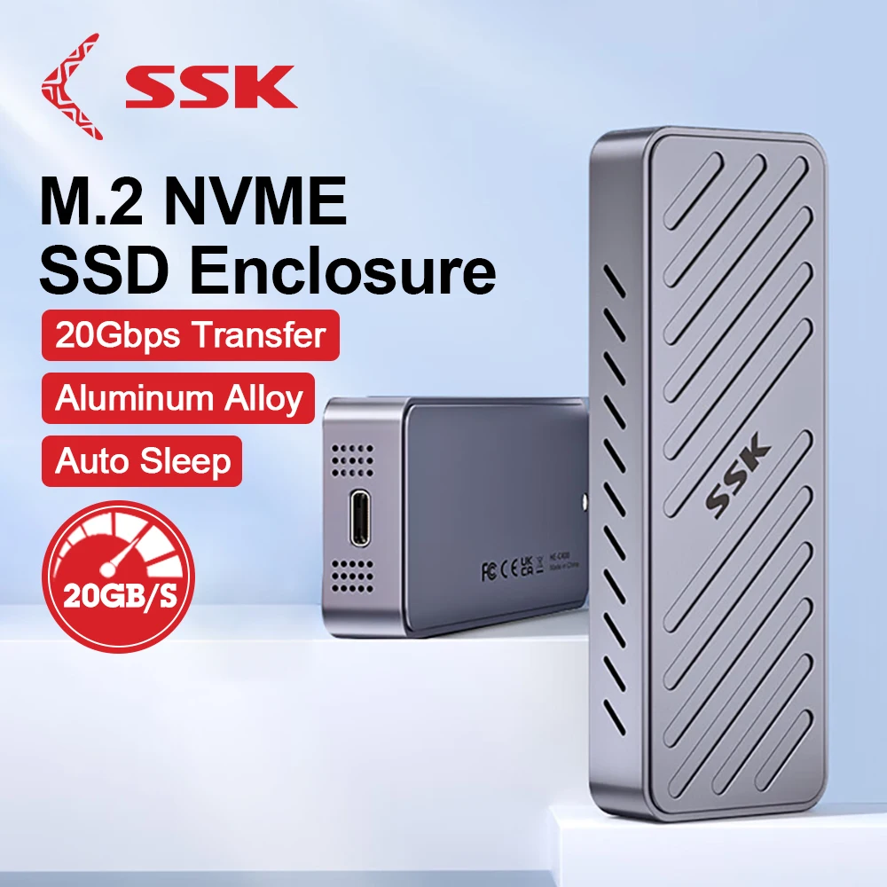 SSK M.2 NVMe SSD Enclosure USB3.2 Type-C 20Gbps External Aluminum Case Hard Drive Case Tool Free M.2 NVMe Adapter for PC Case